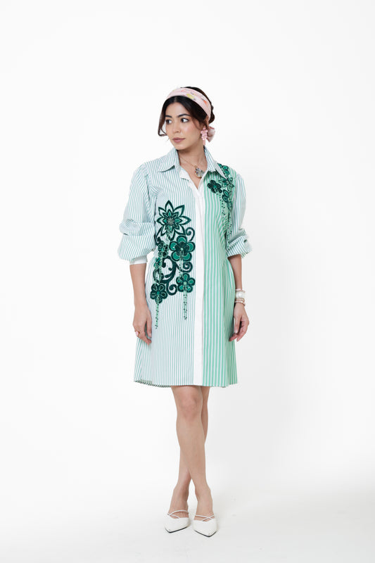 Emerald Botanical Stripes Shirt Dress