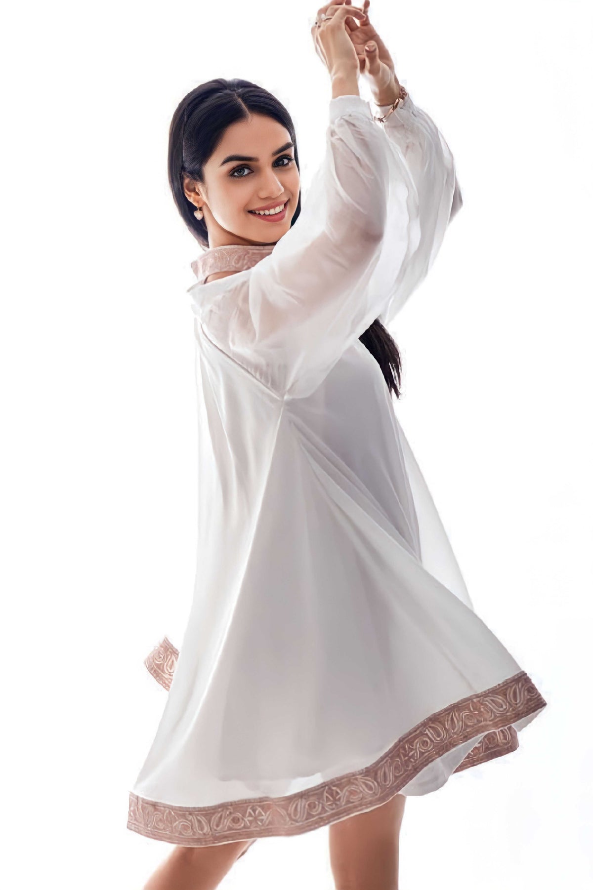 Embroidered Soft Sheer Balloon Sleeved Dress