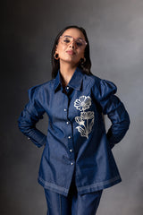 Denim floral pocket patchwork shirt