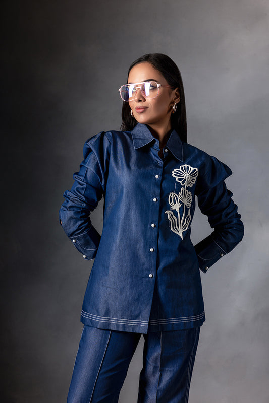 Denim Floral Pocket Patchwork Shirt