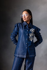 Denim floral pocket patchwork shirt