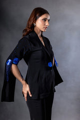 Metallic Blue Rose Embellished Blazer