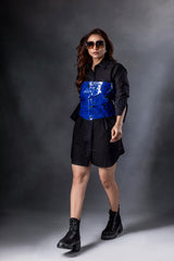 Electric Blue Corset Top with Black Shirt Dress