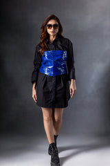 Electric Blue Corset Top with Black Shirt Dress