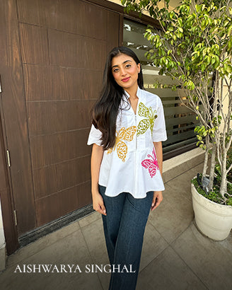 White Multi-Color Butterfly Peplum Top