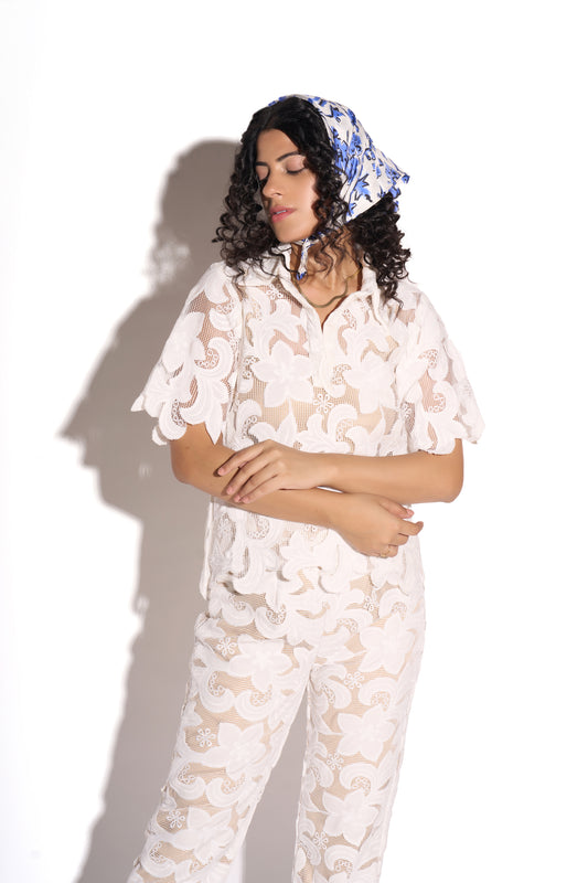 White velvet Mesh Top