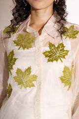 Green Laser Cut Leaf Organza Shirt