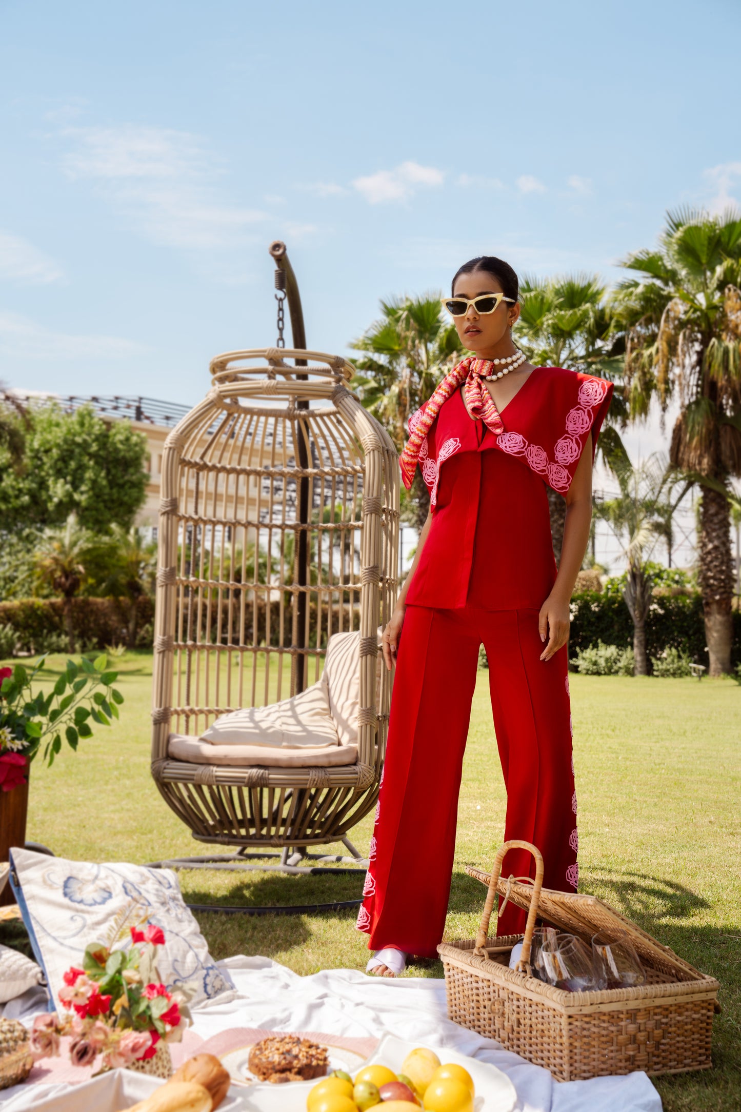 Carnelian Red Laser Cut Rose Pants