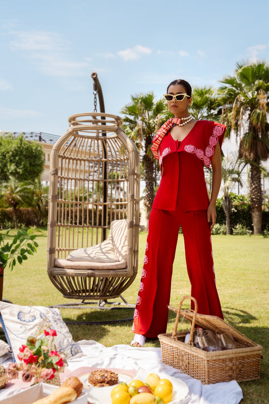 Carnelian Red Laser Cut Rose Pants