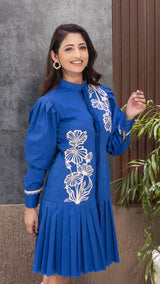 Royal Blue Puffed Sleeves Shirt Dress