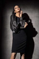 Balloon Sleeved Fitted Black Dress