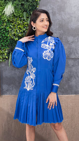 Royal Blue Puffed Sleeves Shirt Dress