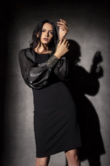 Balloon Sleeved Fitted Black Dress