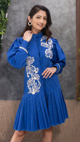 Royal Blue Puffed Sleeves Shirt Dress