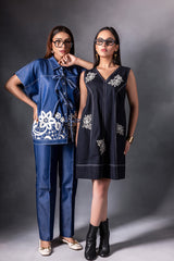 Denim pearl embellished kaftan shirt