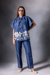 Denim pearl embellished kaftan shirt