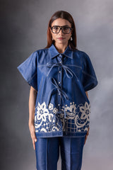 Denim pearl embellished kaftan shirt