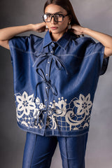 Denim pearl embellished kaftan shirt