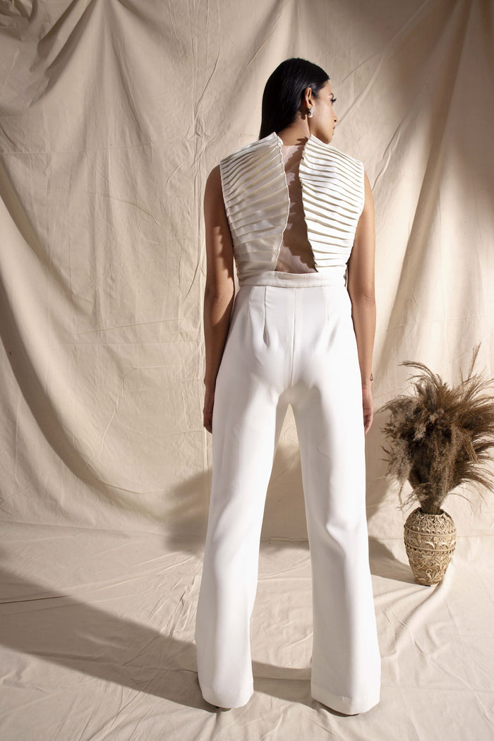 Pleated Back White Jumpsuit