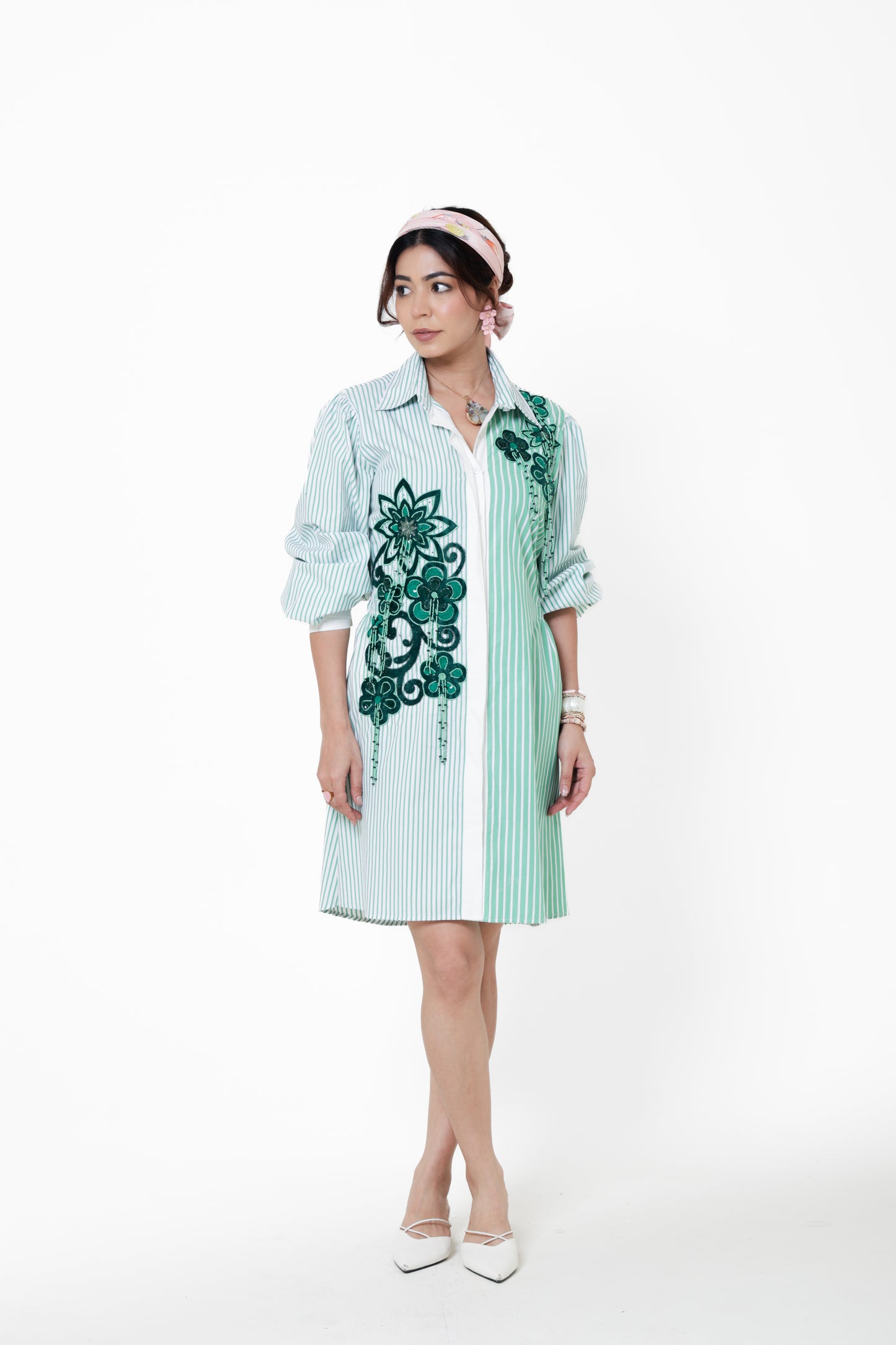 Emerald Botanical Stripes Shirt Dress