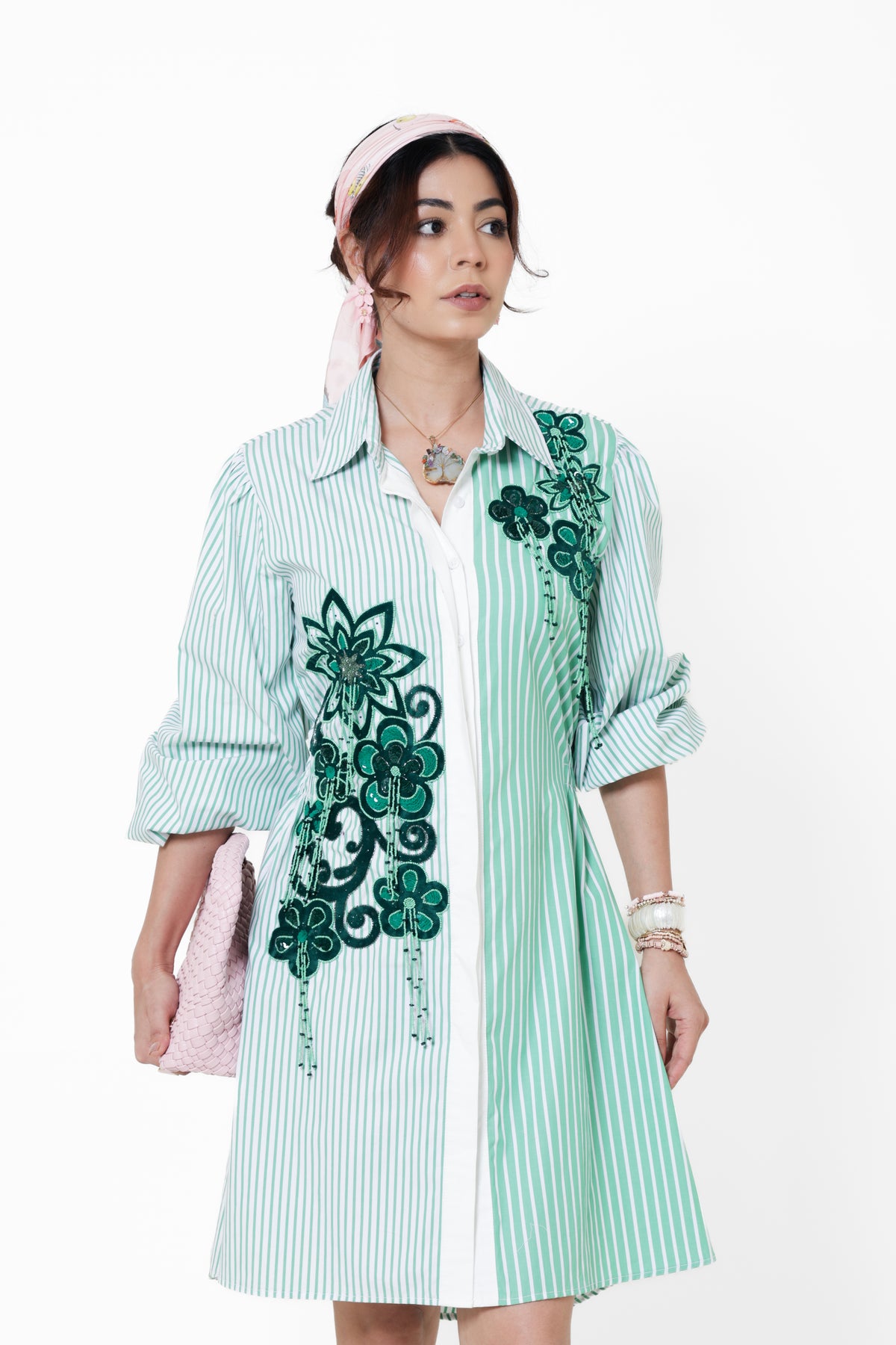 Emerald Botanical Stripes Shirt Dress