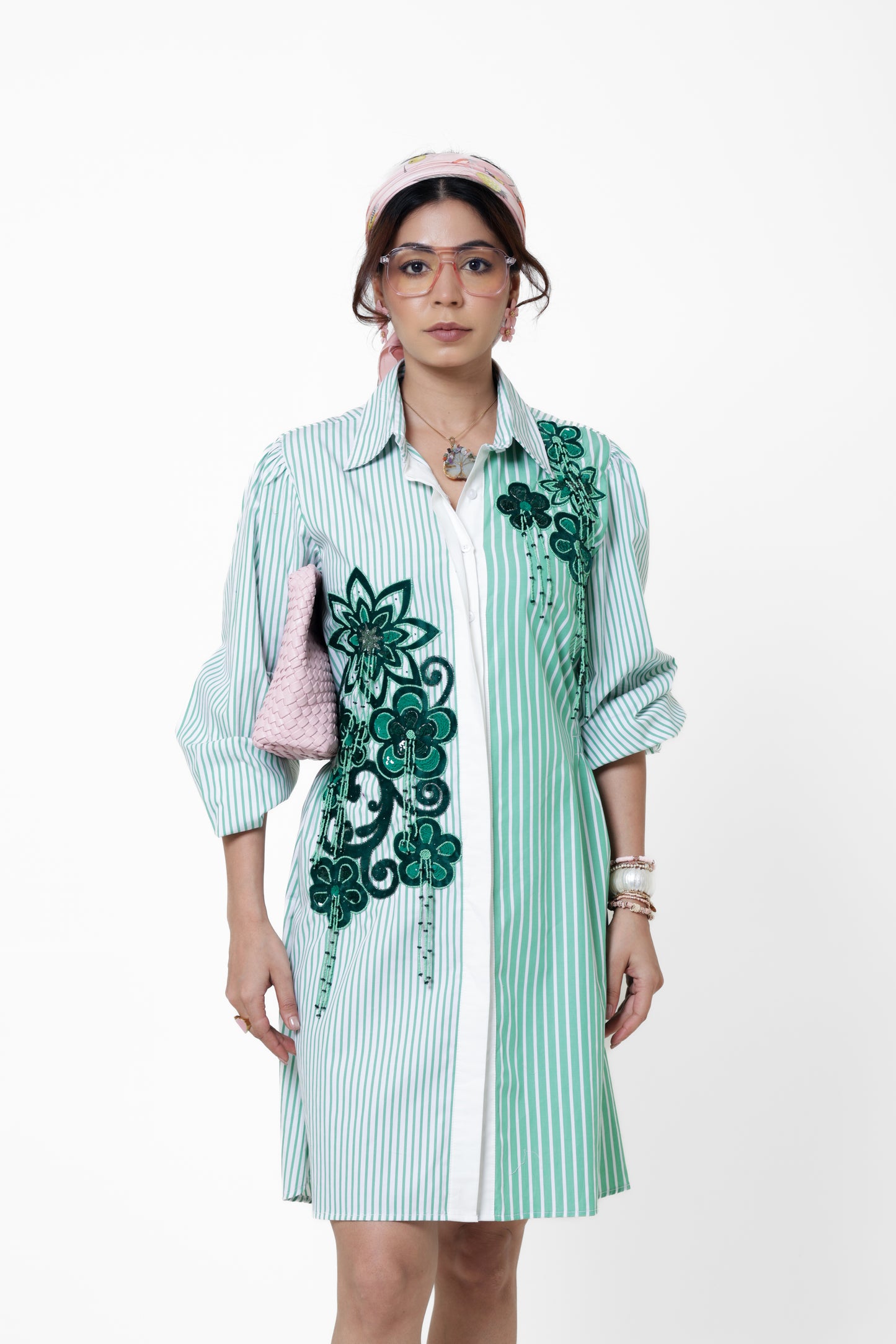 Emerald Botanical Stripes Shirt Dress