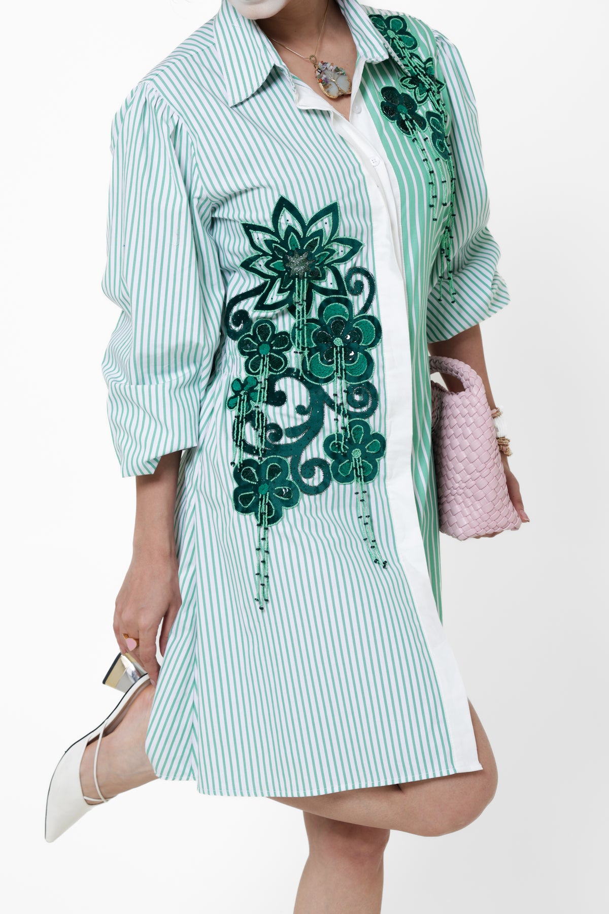 Emerald Botanical Stripes Shirt Dress