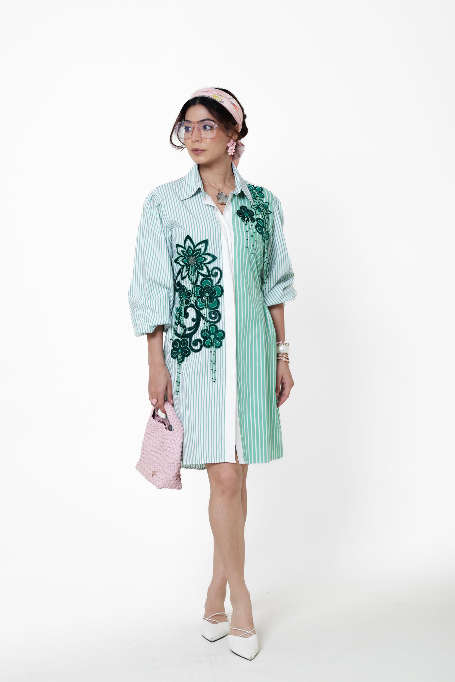 Emerald Botanical Stripes Shirt Dress