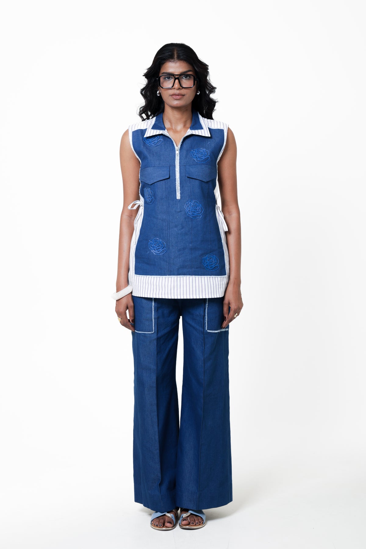 Denim Rosette Wide-Leg Trousers
