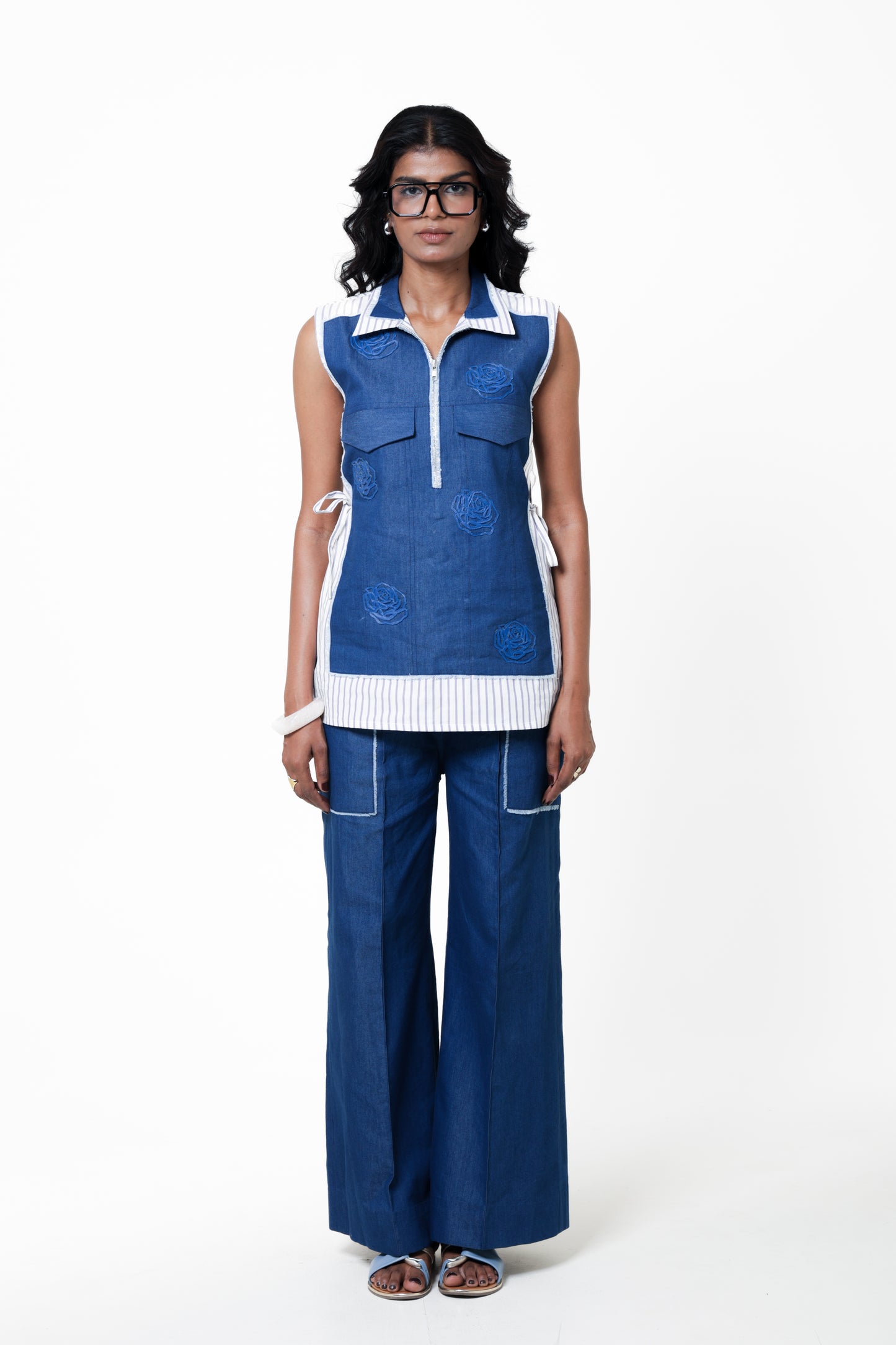 Denim Rosette Wide-Leg Trousers