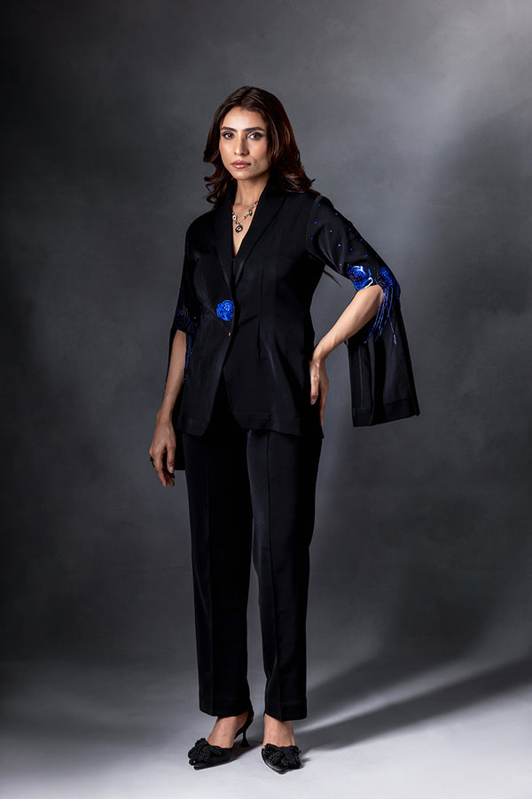 Metallic Blue Rose Embellished Blazer