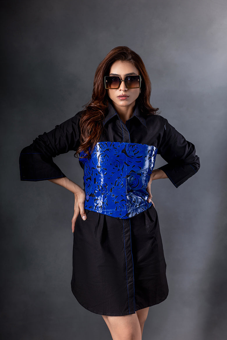 Electric Blue Corset Top with Black Shirt Dress