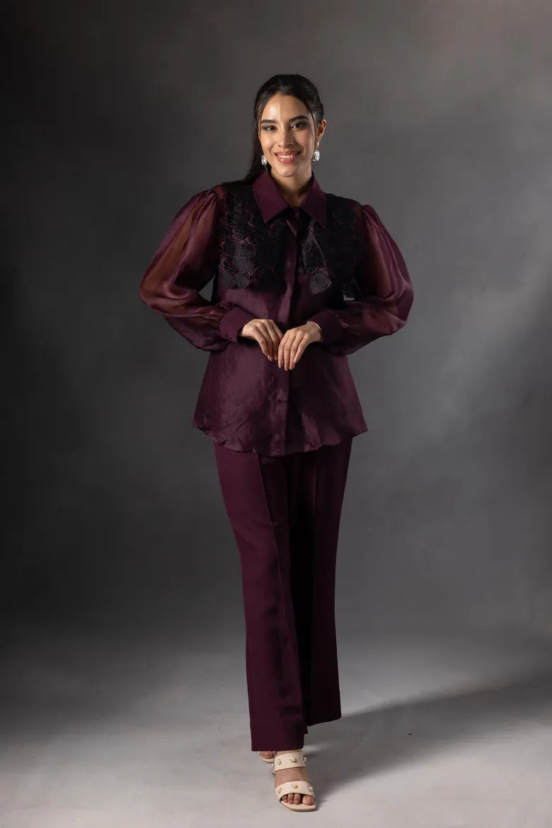 Plum Organza Rose Yoke Shirt