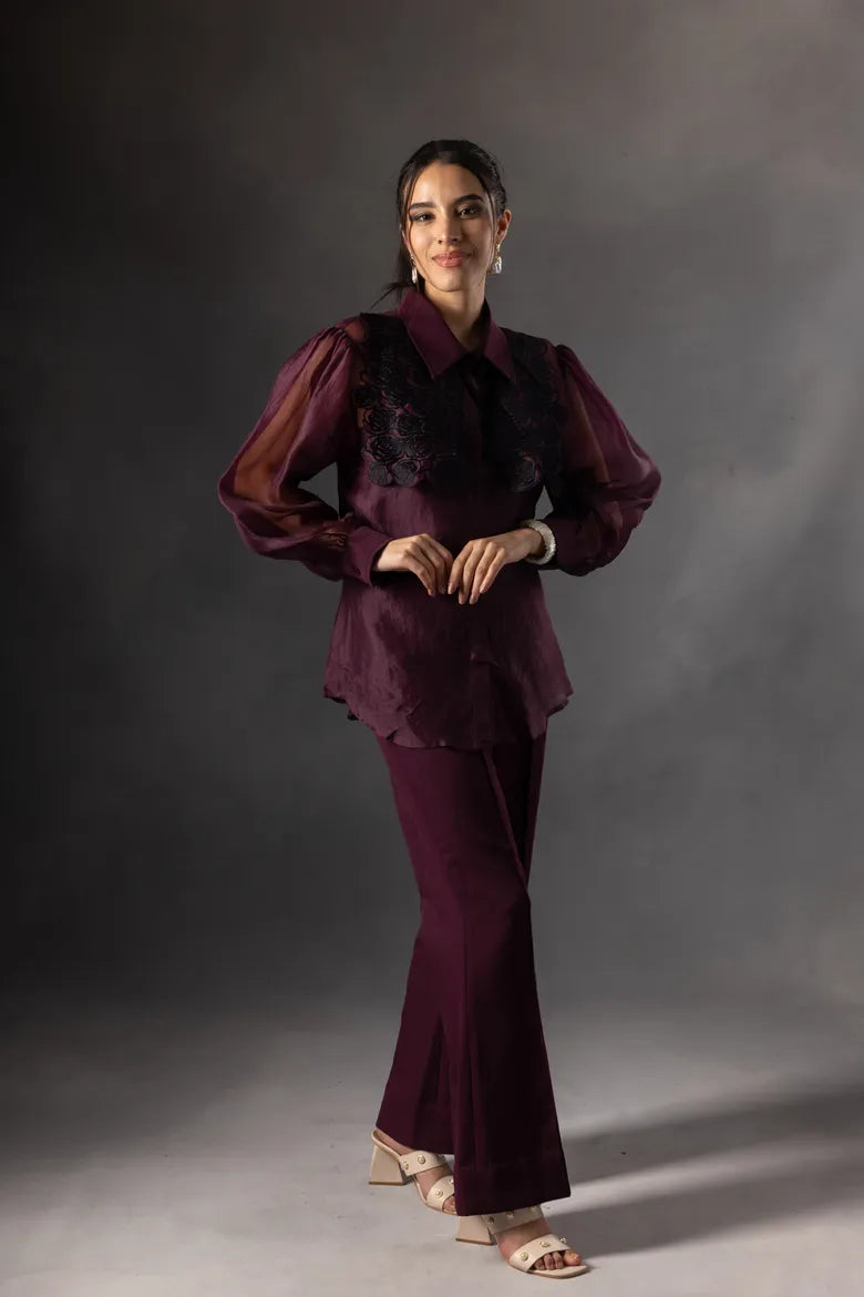 Plum Organza Rose Yoke Shirt