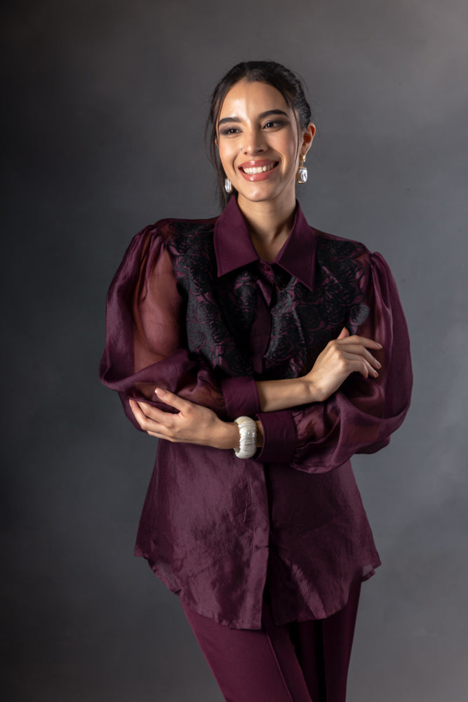 Plum Organza Rose Yoke Shirt