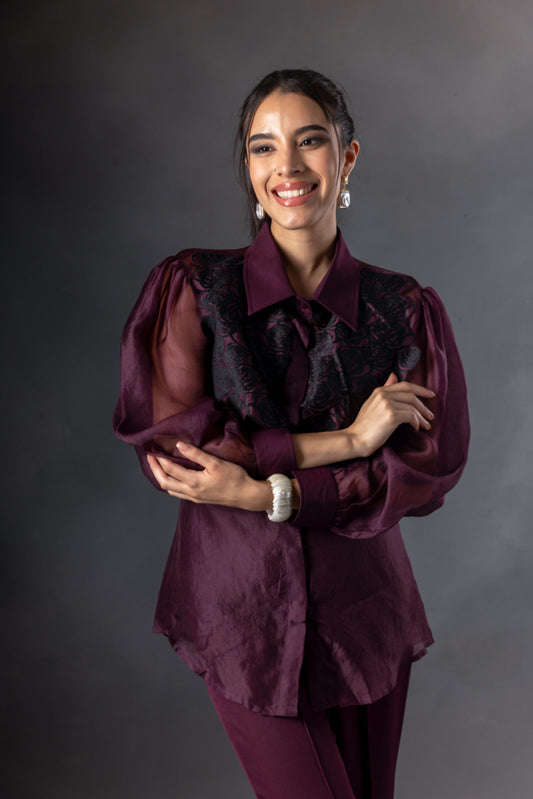 Plum Organza Rose Yoke Shirt
