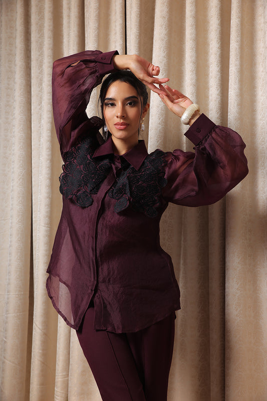 Plum Organza Rose Yoke Shirt
