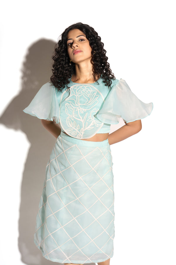 Oceanic Blue Organza Skirt and Crop Top Co-Ord