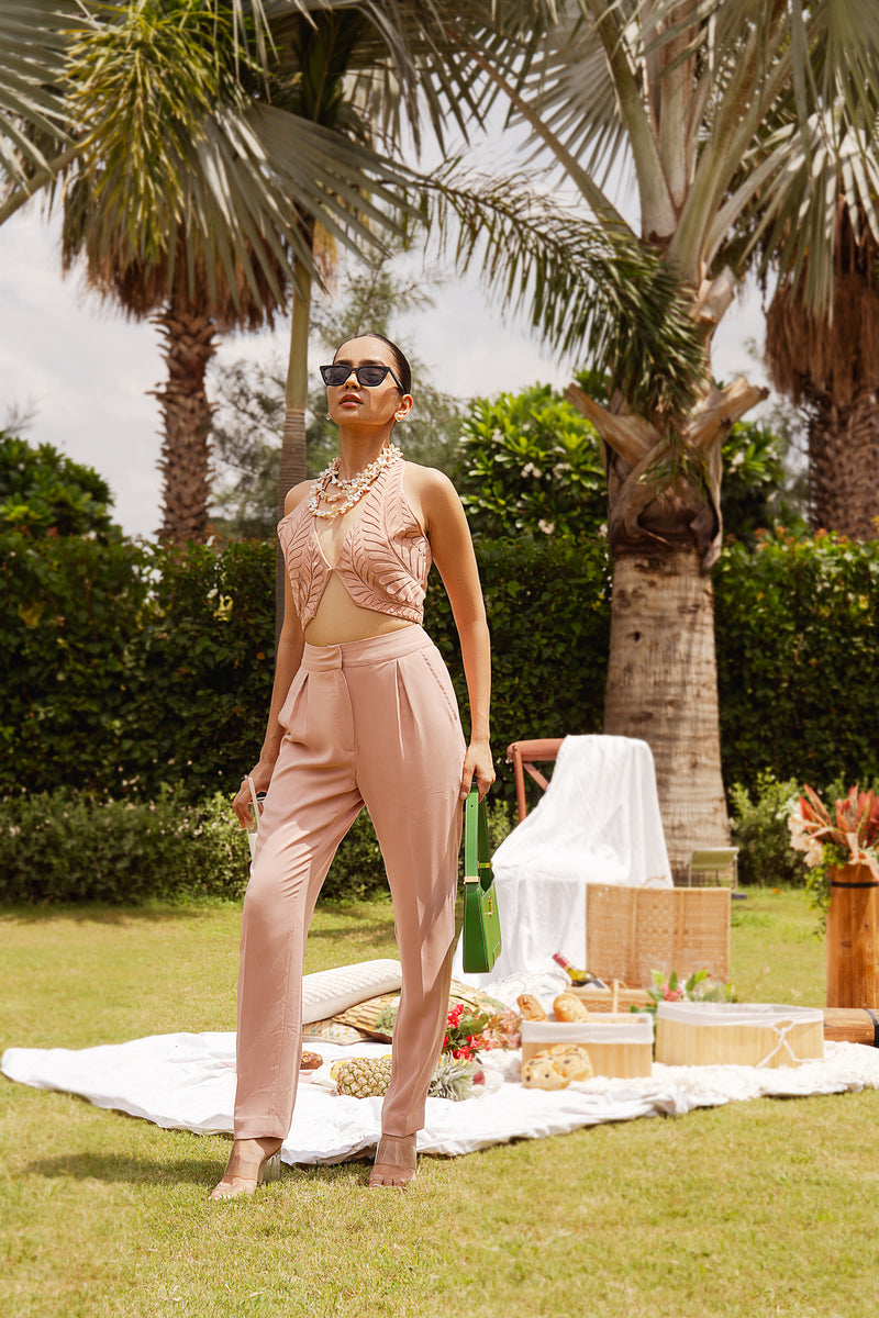 Peachy pink Halter Neck Waistcoat and Matching Pants Set