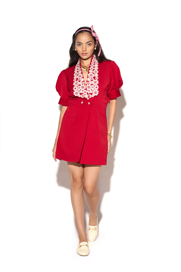 Scarlet Red Flower Collar Detailed Dress