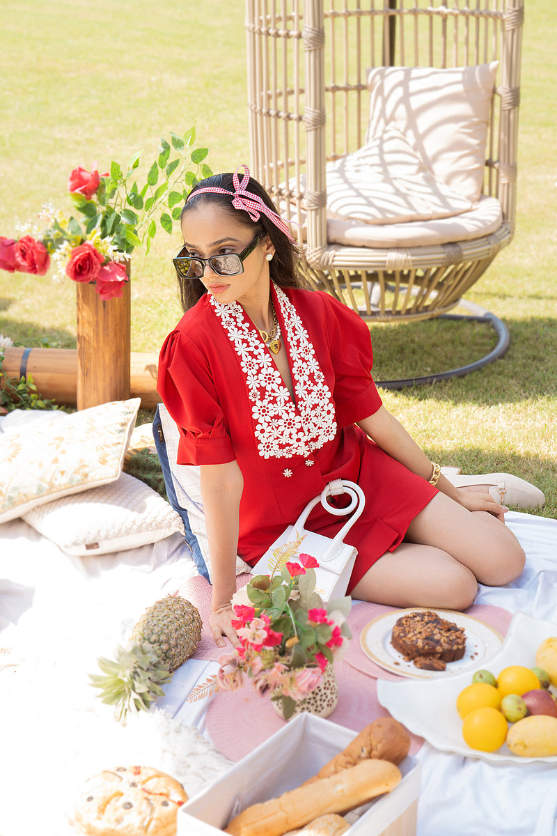 Scarlet Red Flower Collar Detailed Dress