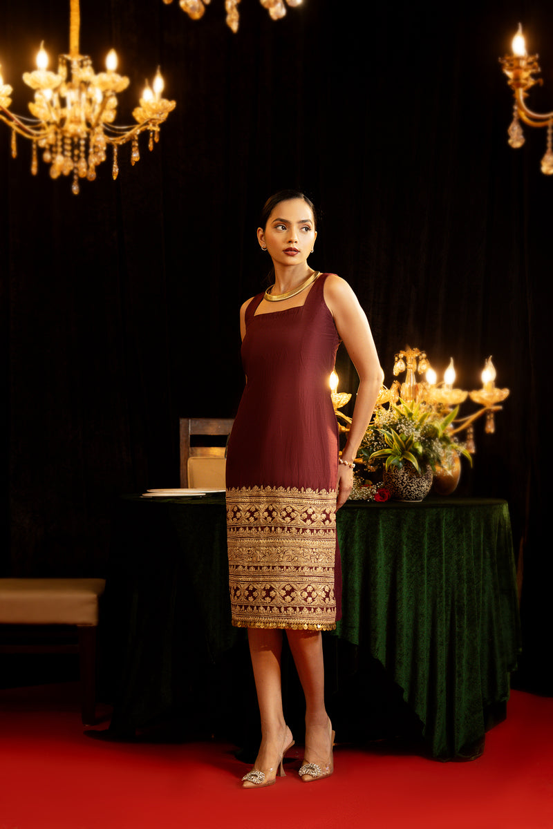 Maroon embroidered Mid-Length Dress