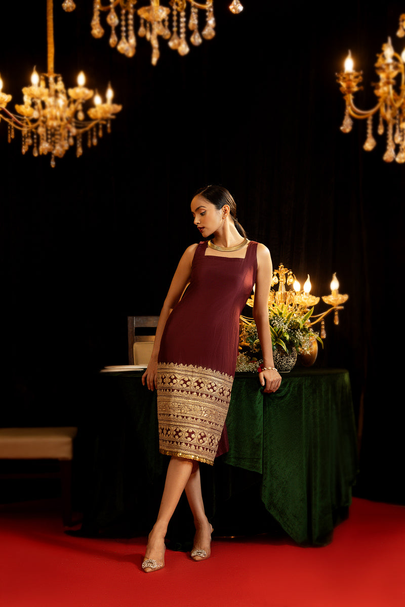 Maroon embroidered Mid-Length Dress