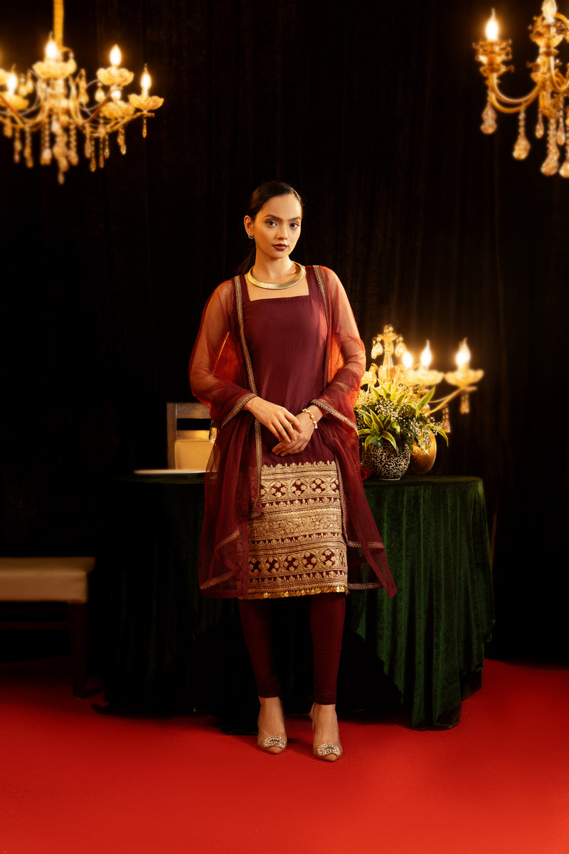 Maroon embroidered Mid-Length Dress