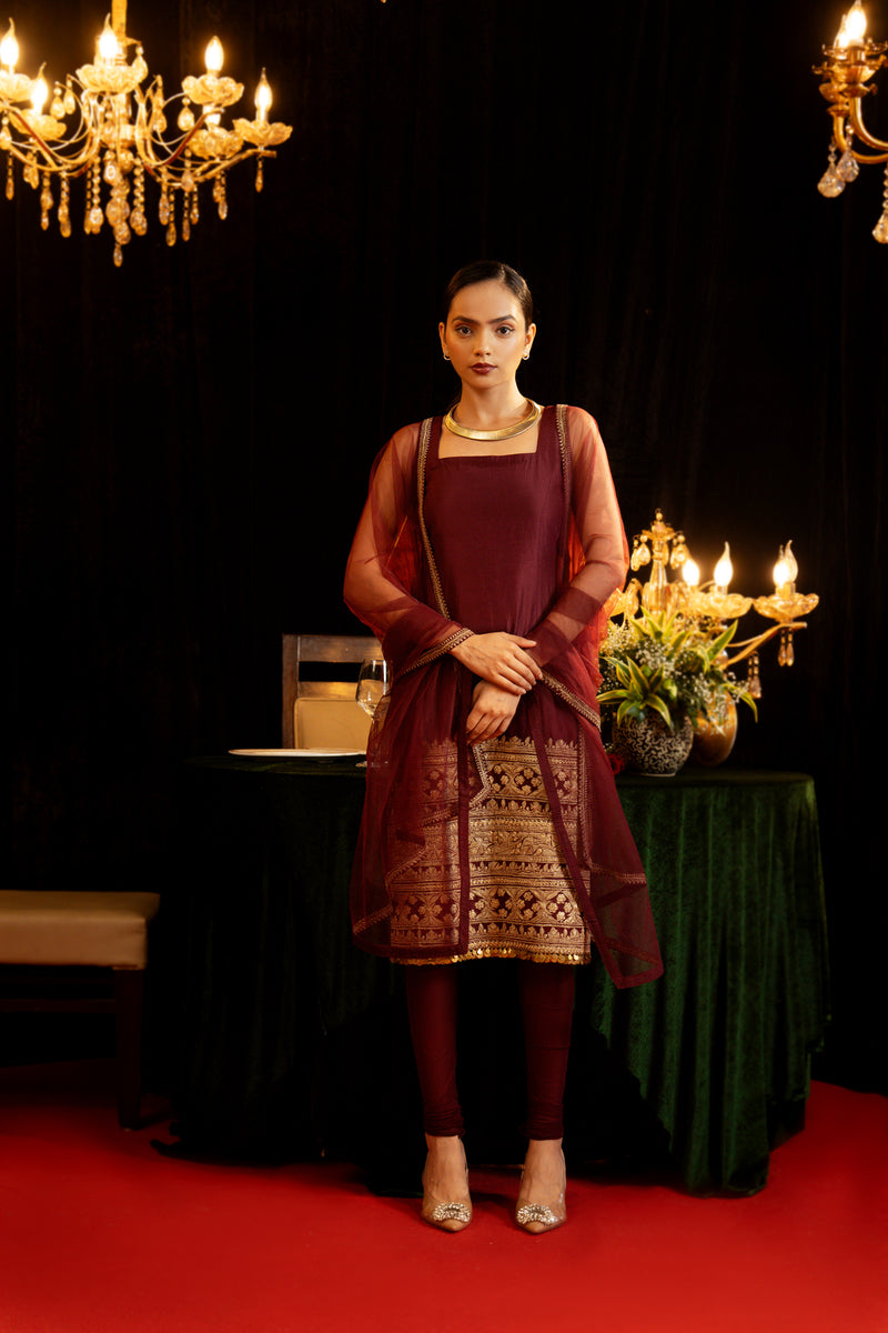 Maroon embroidered Mid-Length Dress