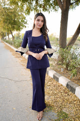 Navy Blue Hanker Chief Sleeves Blazer Co-ord Set