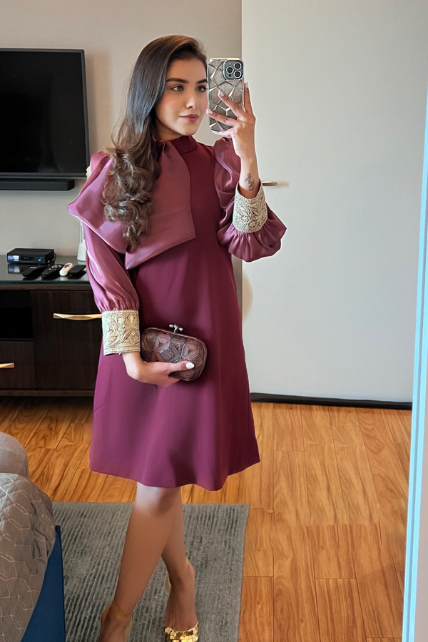 Maroon Balloon Sleeved Bow Dress