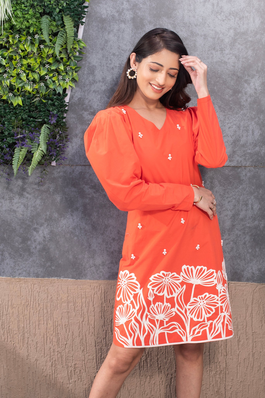 Fiery Orange Dress With Puffed Power Sleeves