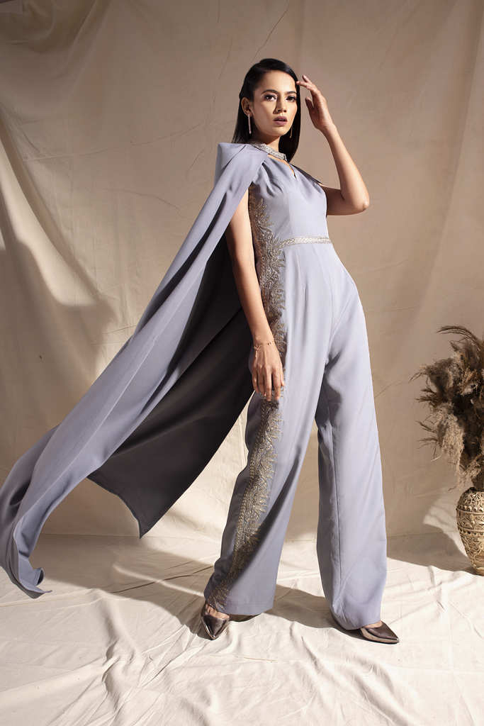 Lilac Caped Embroidered Jumpsuit