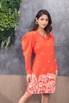 Fiery Orange Dress With Puffed Power Sleeves